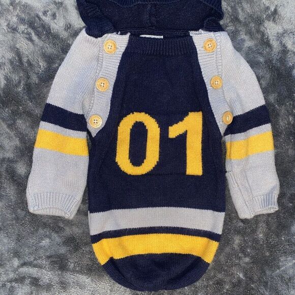 Adorable Baby Hooded Sweater Navy Blue Yellow '01' Sports Style Knit Jumper - Picture 2 of 11